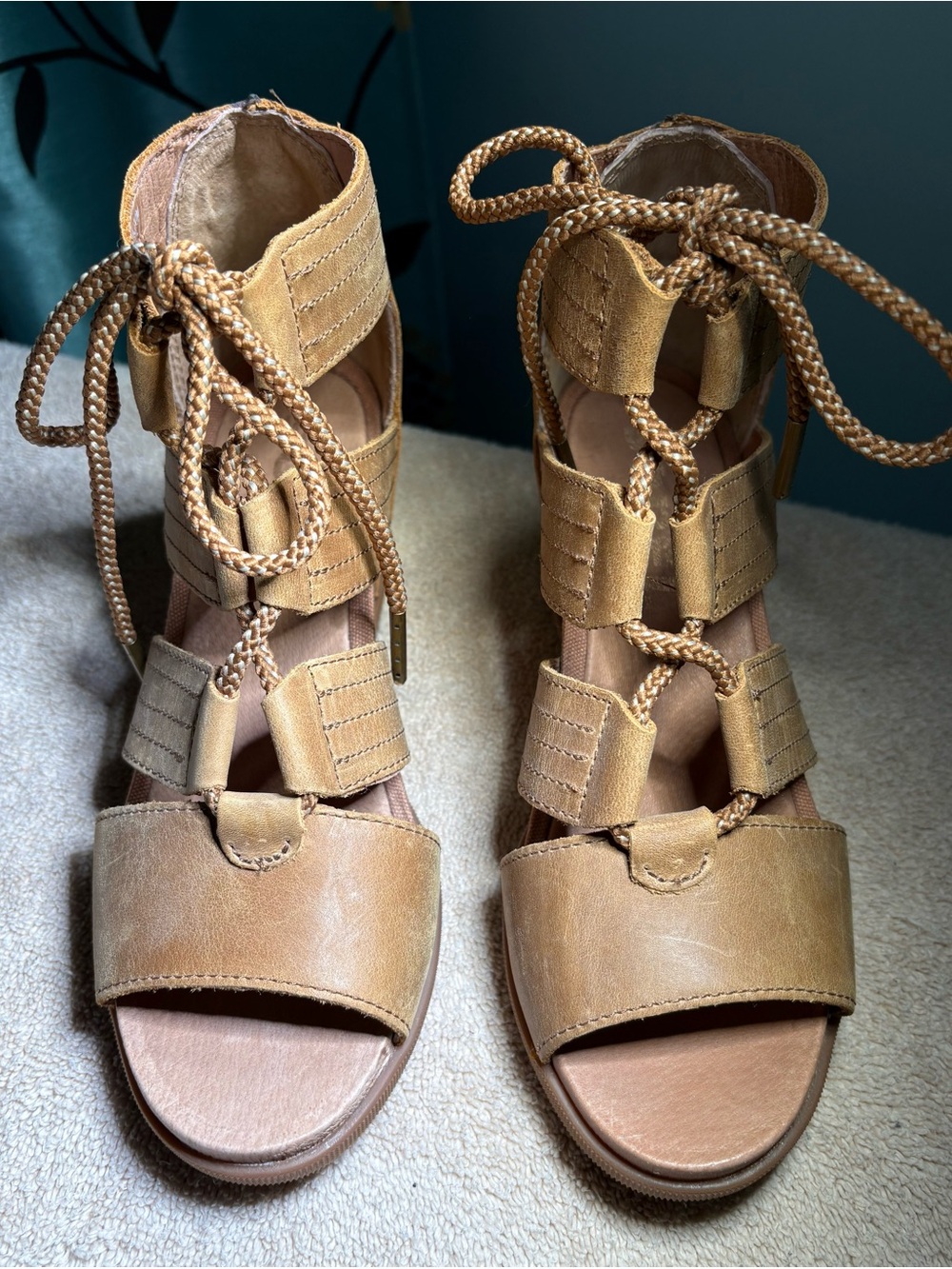 Women’s Sorel Tan Strappy Wedge Sandals with Lace-Up Detail - Picture 2 of 6